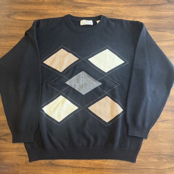 John Ashford Golf Sweater Men Sz XXL 100% Cotton Black Tan Argyle - Picture 1 of 7